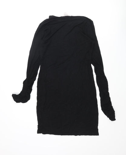 Miss Selfridge Womens Black Viscose Shift Size 10 Round Neck Pullover - Rouched Sleeve