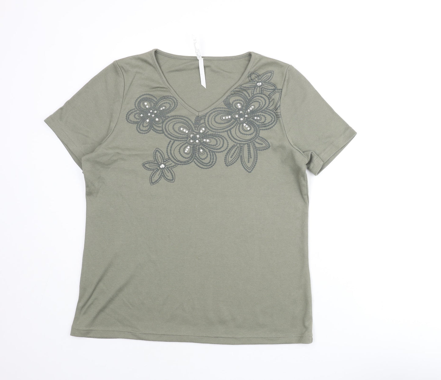 Bonmarché Womens Green Polyester Basic T-Shirt Size M V-Neck - Floral Print