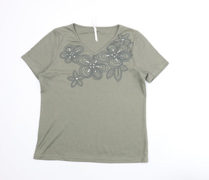Bonmarché Womens Green Polyester Basic T-Shirt Size M V-Neck - Floral Print