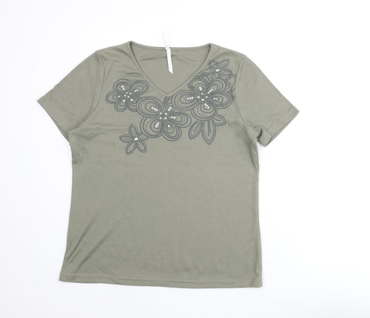 Bonmarché Womens Green Polyester Basic T-Shirt Size M V-Neck - Floral Print