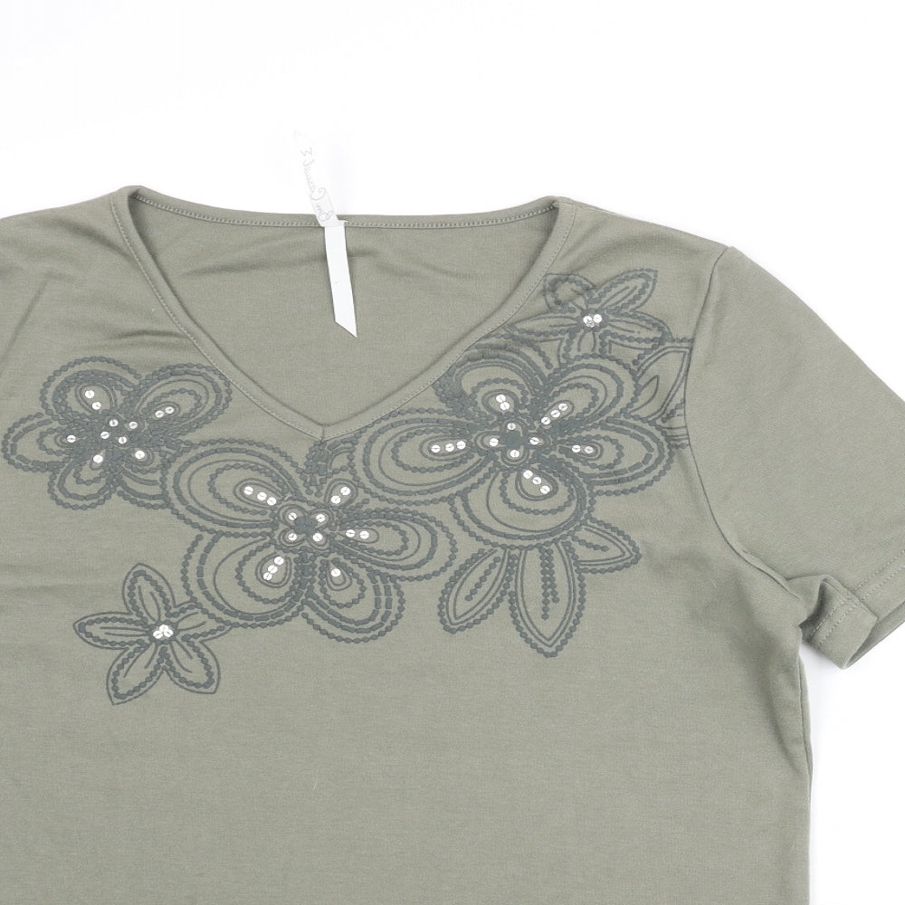 Bonmarché Womens Green Polyester Basic T-Shirt Size M V-Neck - Floral Print