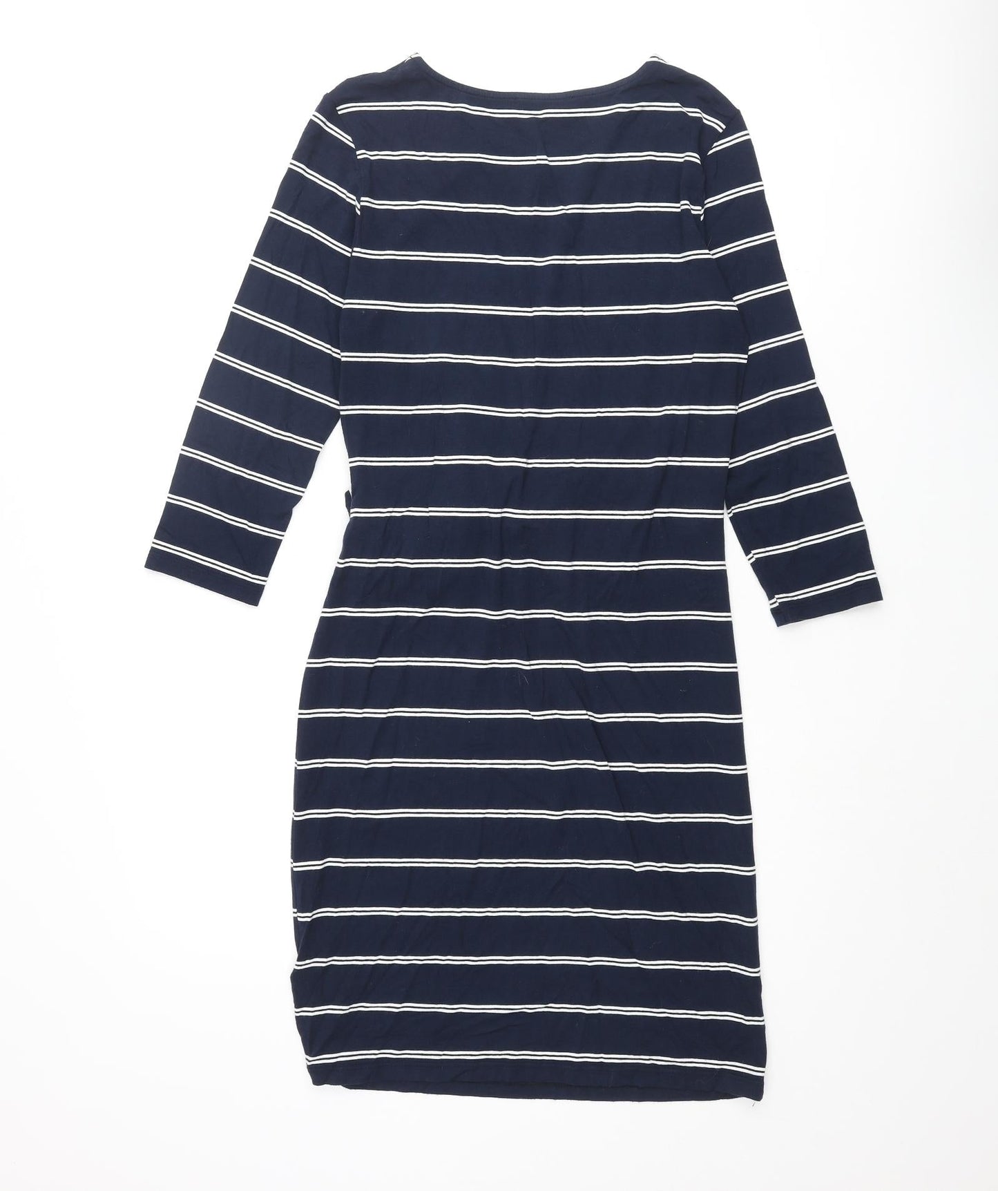 Marks and Spencer Womens Blue Striped Viscose Pencil Dress Size 10 Round Neck Pullover - Knot Detail