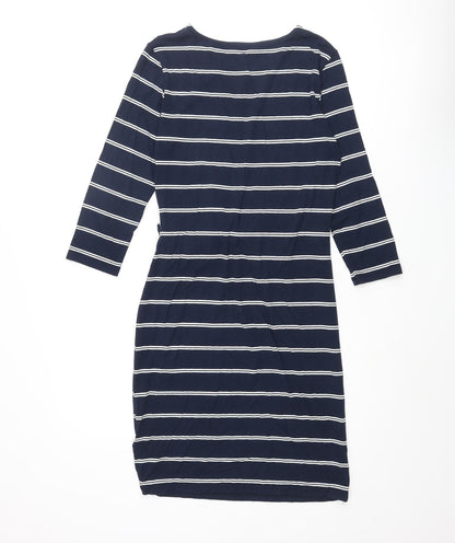 Marks and Spencer Womens Blue Striped Viscose Pencil Dress Size 10 Round Neck Pullover - Knot Detail