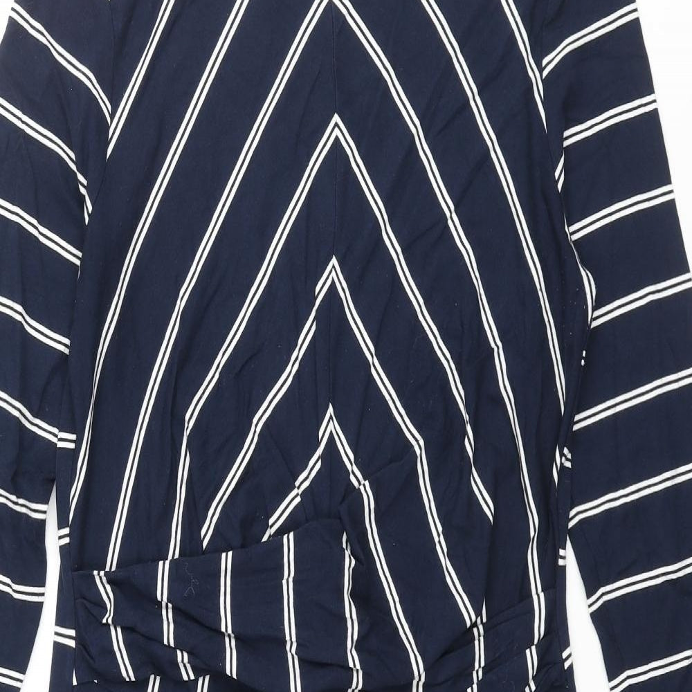 Marks and Spencer Womens Blue Striped Viscose Pencil Dress Size 10 Round Neck Pullover - Knot Detail