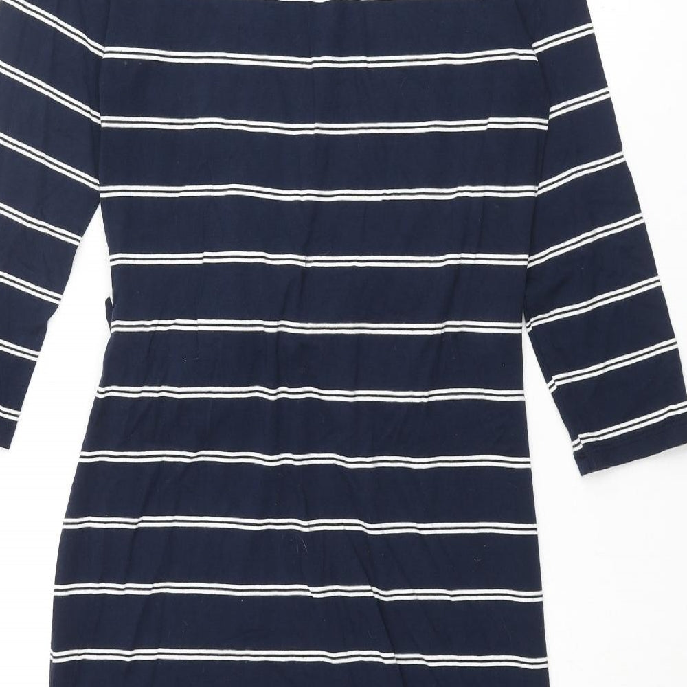 Marks and Spencer Womens Blue Striped Viscose Pencil Dress Size 10 Round Neck Pullover - Knot Detail
