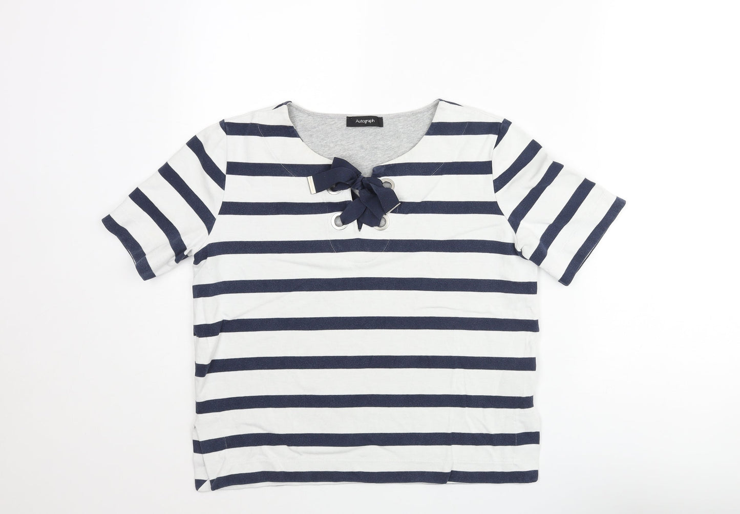 Autograph Womens Blue Striped Cotton Basic Blouse Size 10 Round Neck - Bow