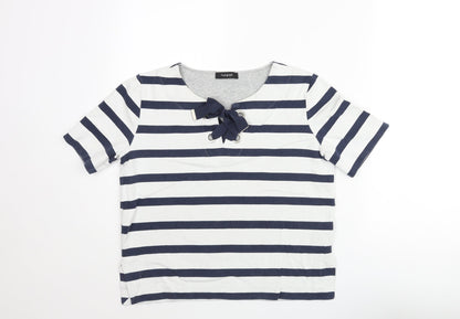 Autograph Womens Blue Striped Cotton Basic Blouse Size 10 Round Neck - Bow