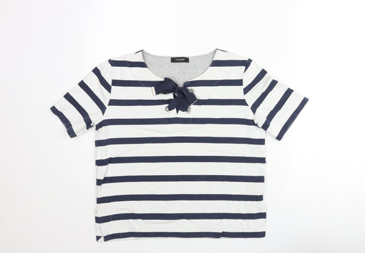 Autograph Womens Blue Striped Cotton Basic Blouse Size 10 Round Neck - Bow