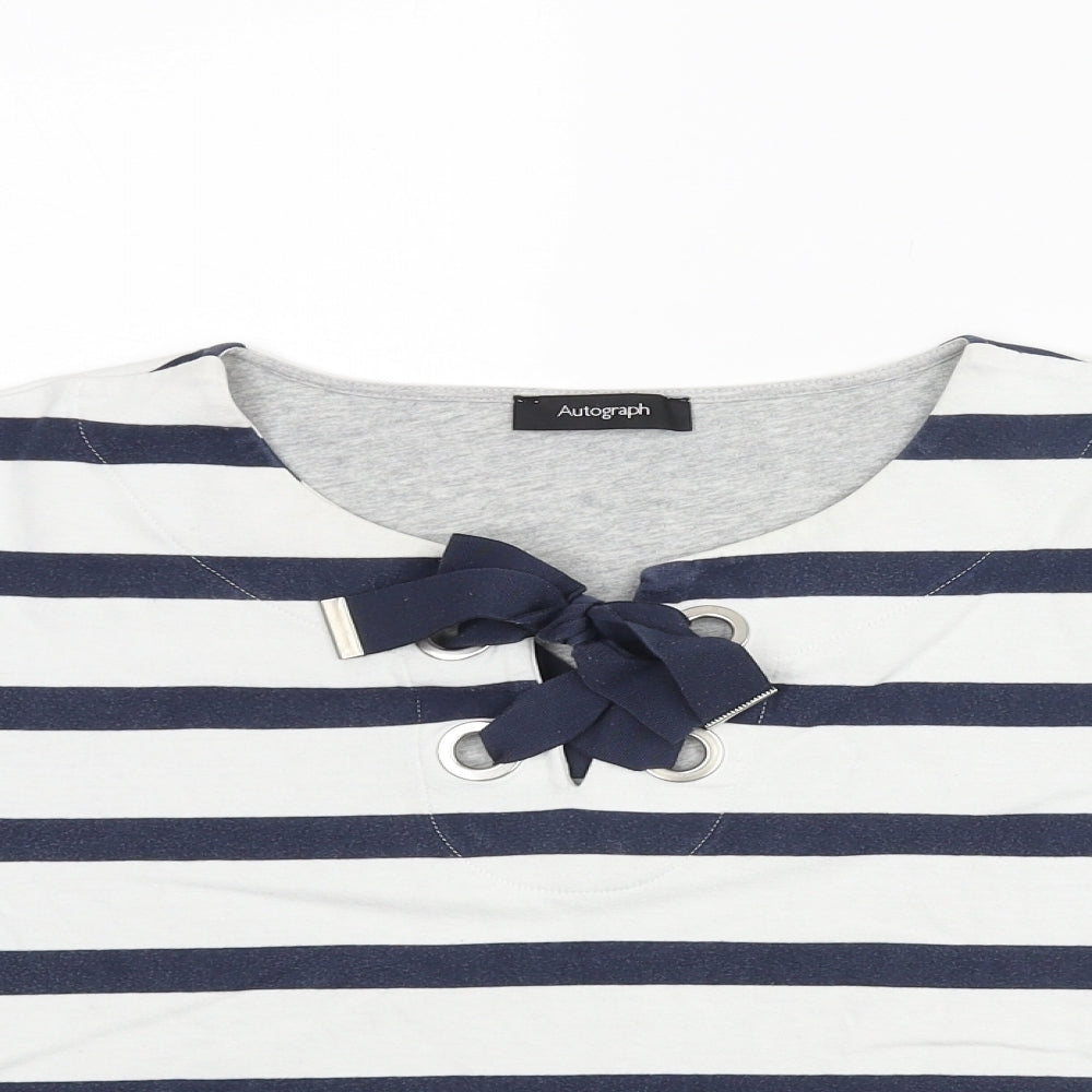 Autograph Womens Blue Striped Cotton Basic Blouse Size 10 Round Neck - Bow