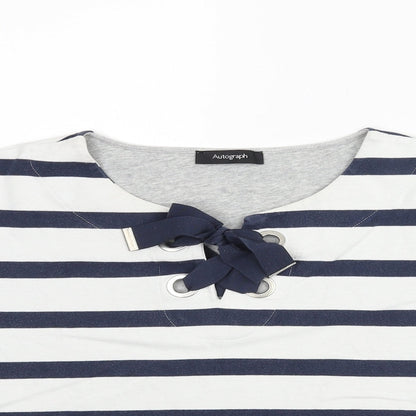 Autograph Womens Blue Striped Cotton Basic Blouse Size 10 Round Neck - Bow