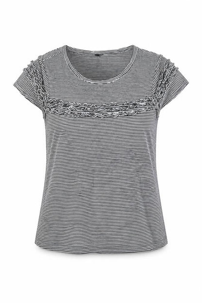 Marks and Spencer Womens Black Striped Cotton Basic Blouse Size 14 Round Neck - Frill