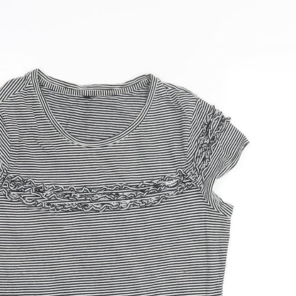 Marks and Spencer Womens Black Striped Cotton Basic Blouse Size 14 Round Neck - Frill