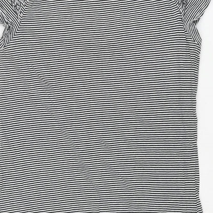 Marks and Spencer Womens Black Striped Cotton Basic Blouse Size 14 Round Neck - Frill