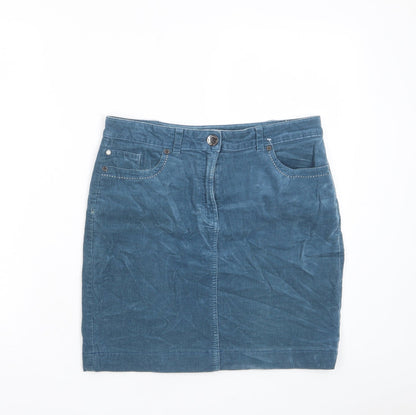 Marks and Spencer Womens Blue Cotton A-Line Skirt Size 10 Zip - Pockets, Belt Loops, Studs