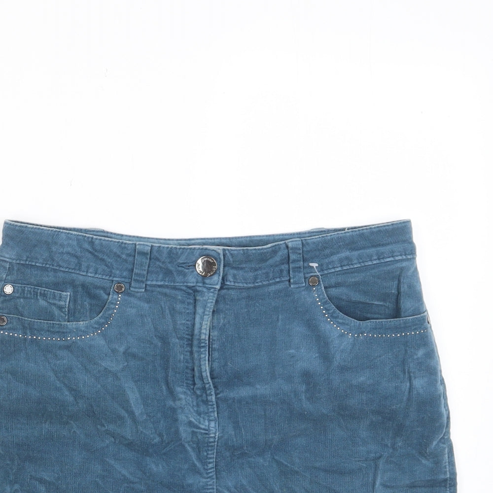 Marks and Spencer Womens Blue Cotton A-Line Skirt Size 10 Zip - Pockets, Belt Loops, Studs