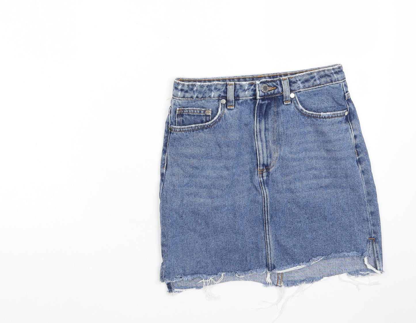 H&M Womens Blue Cotton A-Line Skirt Size 8 Zip - Distressed, Pockets, Belt Loops