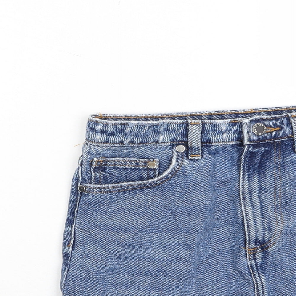 H&M Womens Blue Cotton A-Line Skirt Size 8 Zip - Distressed, Pockets, Belt Loops