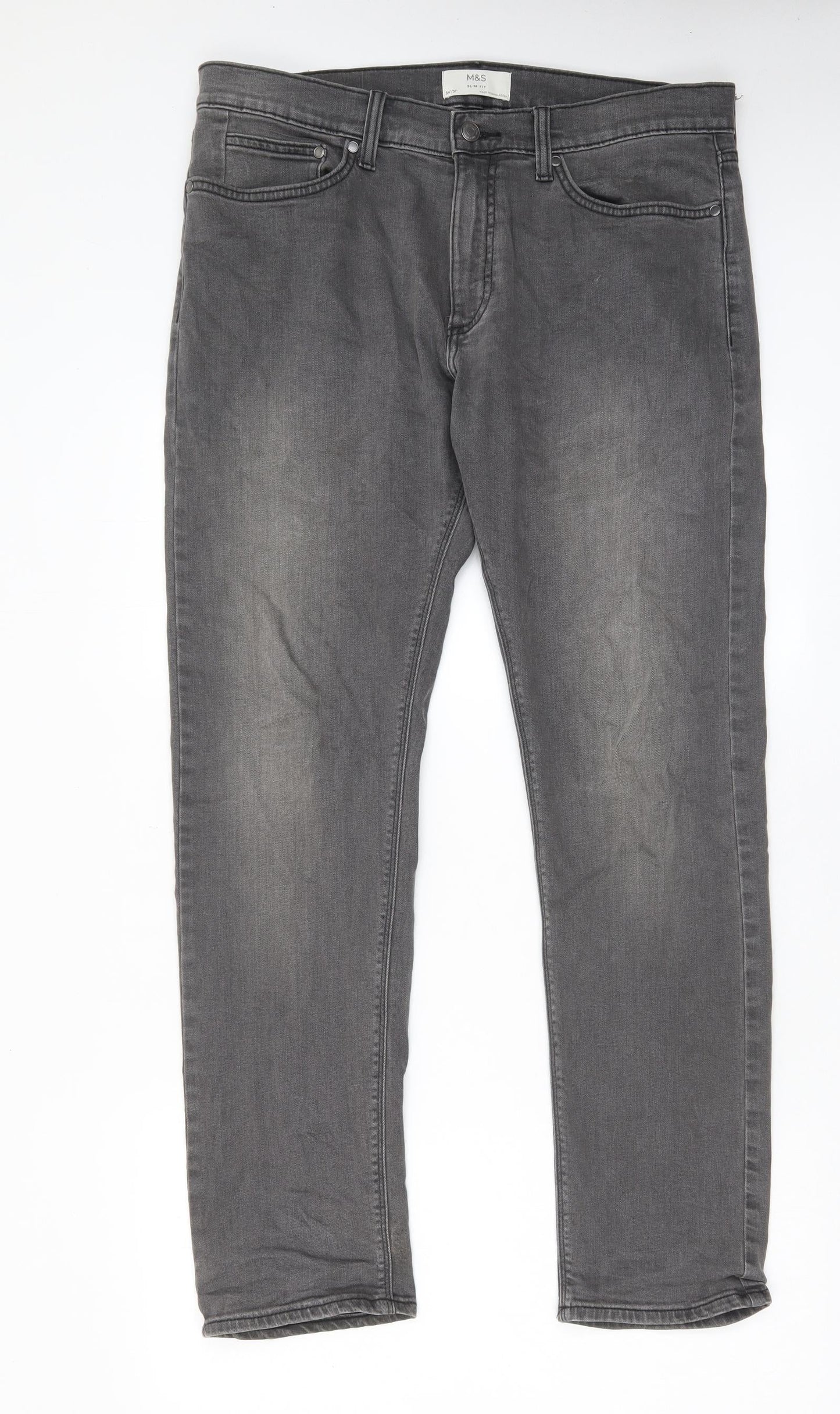 Marks and Spencer Mens Grey Cotton Straight Jeans Size 34 in L31 in Slim Zip - Pockets, Belt Loops