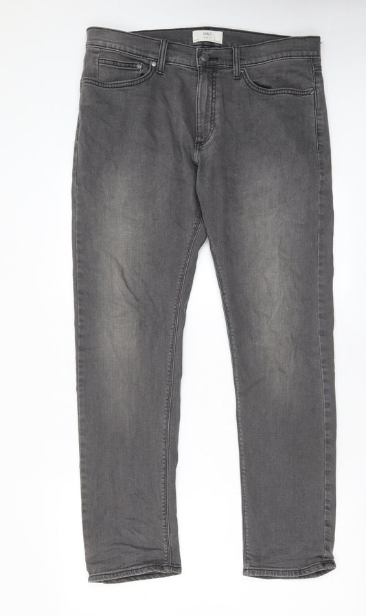 Marks and Spencer Mens Grey Cotton Straight Jeans Size 34 in L31 in Slim Zip - Pockets, Belt Loops