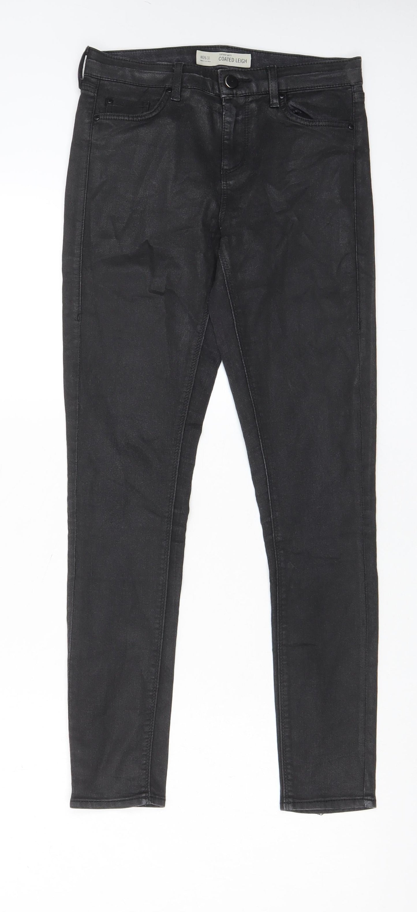 Topshop Womens Black Cotton Trousers Size 26 in L32 in Regular Zip - Coated
