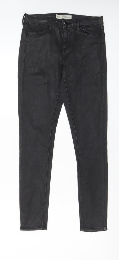 Topshop Womens Black Cotton Trousers Size 26 in L32 in Regular Zip - Coated