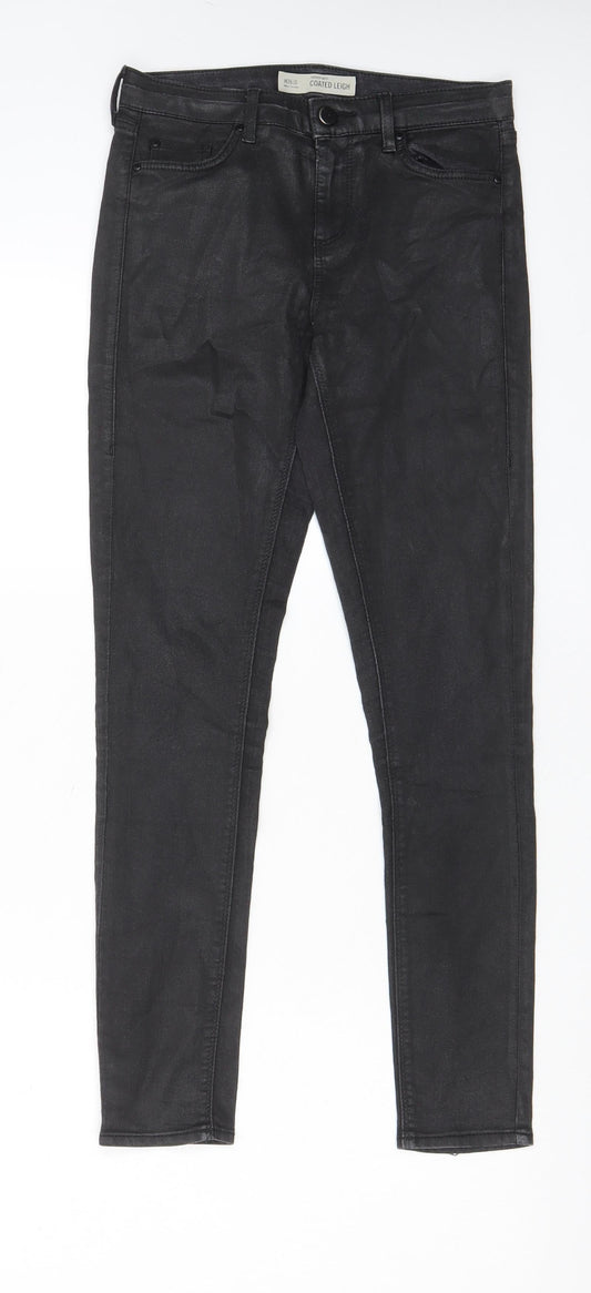 Topshop Womens Black Cotton Trousers Size 26 in L32 in Regular Zip - Coated
