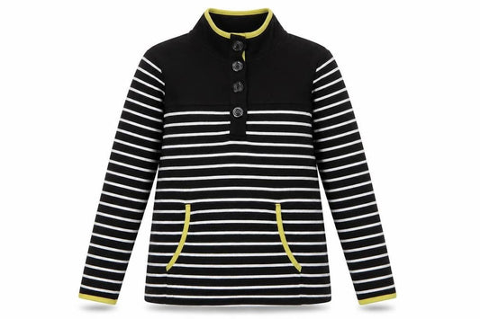 Bonmarché Womens Black Striped Polyester Pullover Sweatshirt Size S Button - Pockets