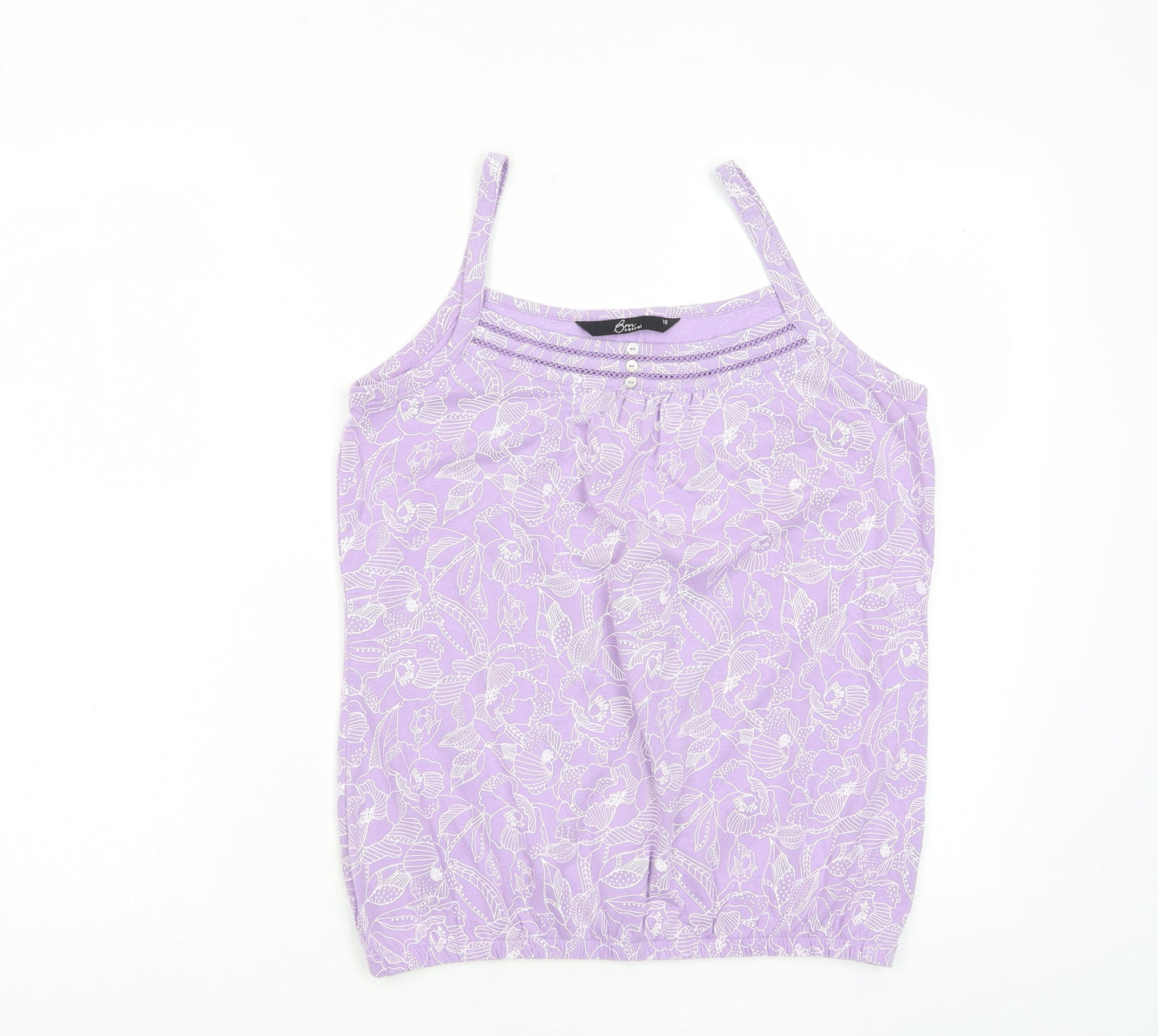 Bonmarché Womens Purple Floral Cotton Basic Tank Size 10 Square Neck - Embroided, Buttons