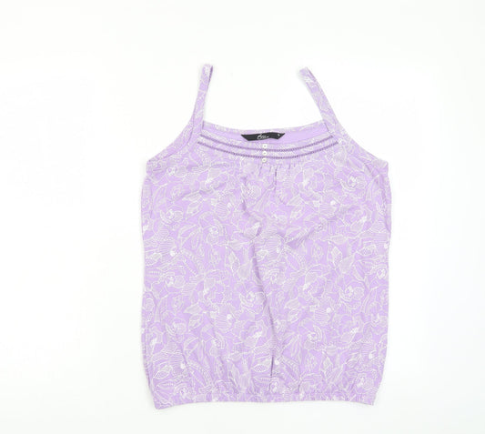 Bonmarché Womens Purple Floral Cotton Basic Tank Size 10 Square Neck - Embroided, Buttons