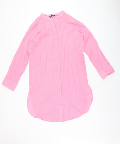 Marks and Spencer Womens Pink Cotton Shirt Dress Size 10 Round Neck Button - Split Hem