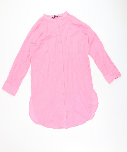 Marks and Spencer Womens Pink Cotton Shirt Dress Size 10 Round Neck Button - Split Hem