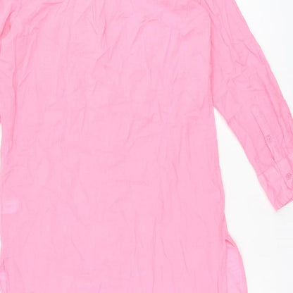 Marks and Spencer Womens Pink Cotton Shirt Dress Size 10 Round Neck Button - Split Hem