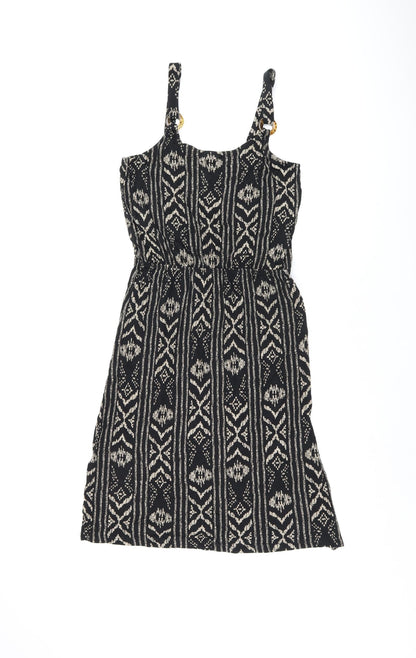 LASCANA Womens Black Geometric Viscose Skater Dress Size 10 Scoop Neck Pullover - Split Hem