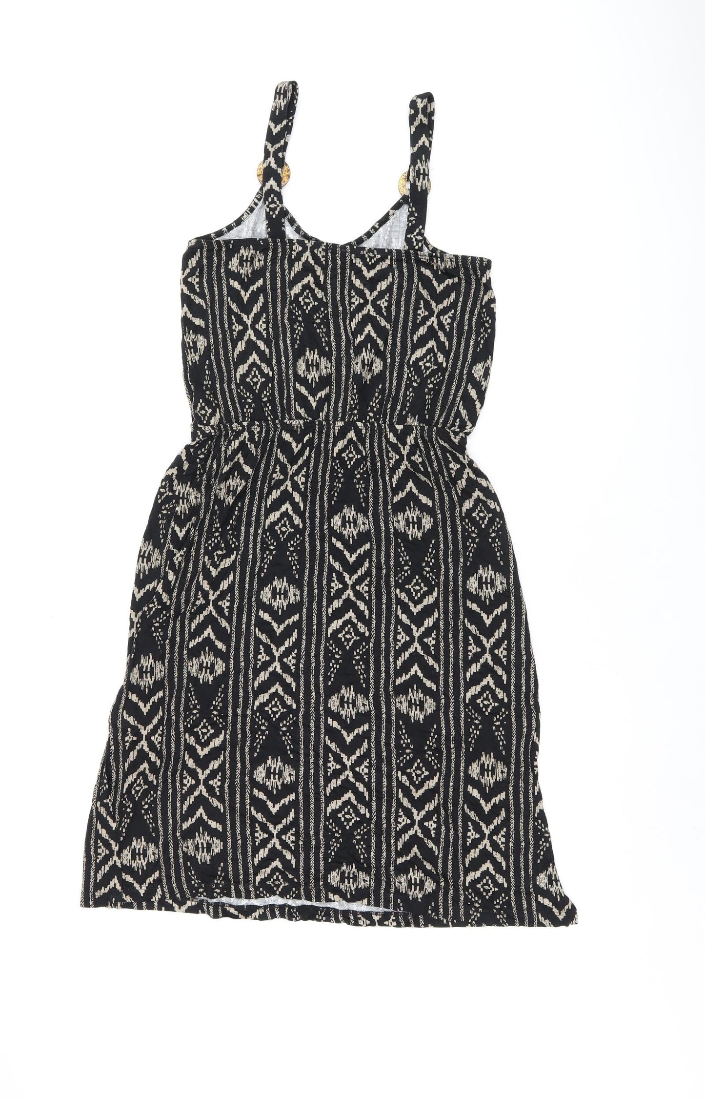 LASCANA Womens Black Geometric Viscose Skater Dress Size 10 Scoop Neck Pullover - Split Hem