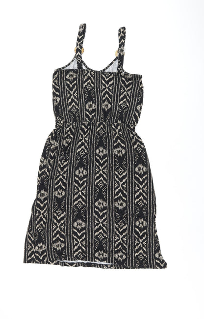 LASCANA Womens Black Geometric Viscose Skater Dress Size 10 Scoop Neck Pullover - Split Hem