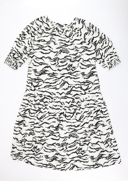 Marks and Spencer Womens White Geometric Cotton Shift Size 10 Boat Neck Pullover