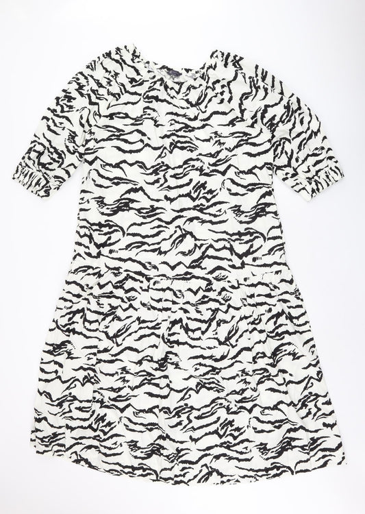 Marks and Spencer Womens White Geometric Cotton Shift Size 10 Boat Neck Pullover