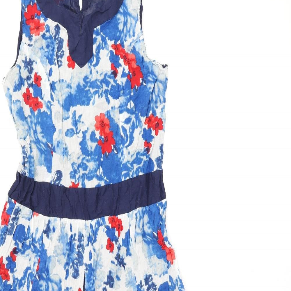 Klass Womens Blue Floral Polyester A-Line Size 10 Round Neck Button