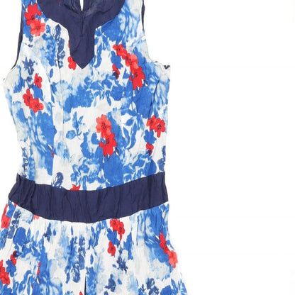 Klass Womens Blue Floral Polyester A-Line Size 10 Round Neck Button