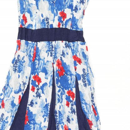 Klass Womens Blue Floral Polyester A-Line Size 10 Round Neck Button