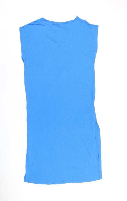 Marks and Spencer Womens Blue Viscose T-Shirt Dress Size M Round Neck Pullover - Split Hem