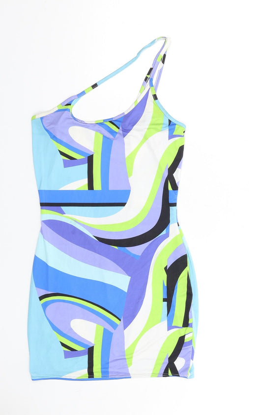 PRETTYLITTLETHING Womens Multicoloured Geometric Polyester Bodycon Size 8 One Shoulder Pullover