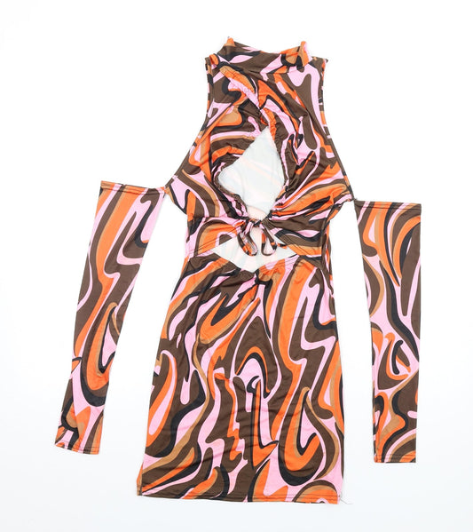 PRETTYLITTLETHING Womens Multicoloured Geometric Polyester Bodycon Size 10 Mock Neck Pullover - Cold Shoulder Cut Out