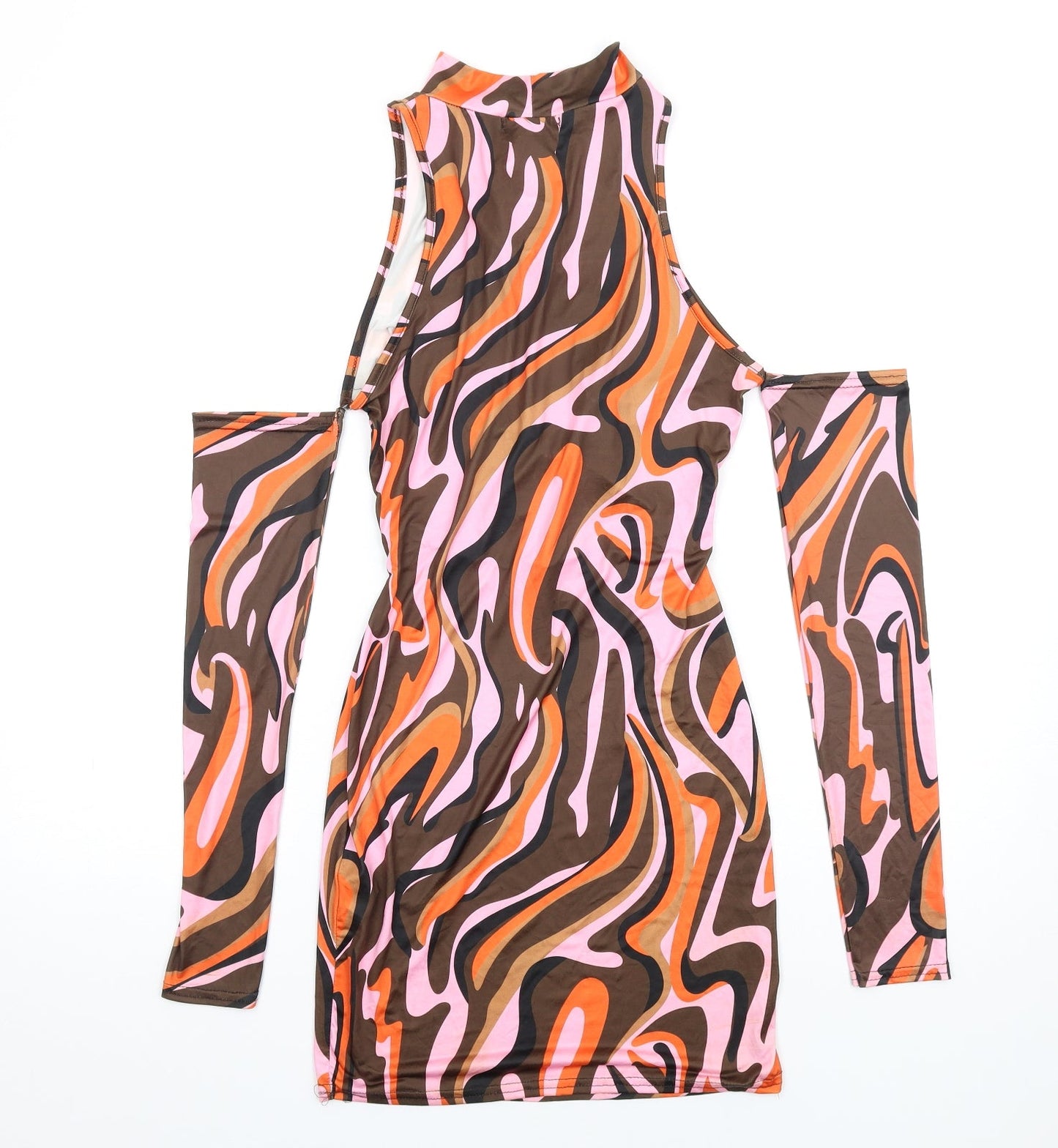 PRETTYLITTLETHING Womens Multicoloured Geometric Polyester Bodycon Size 10 Mock Neck Pullover - Cold Shoulder Cut Out