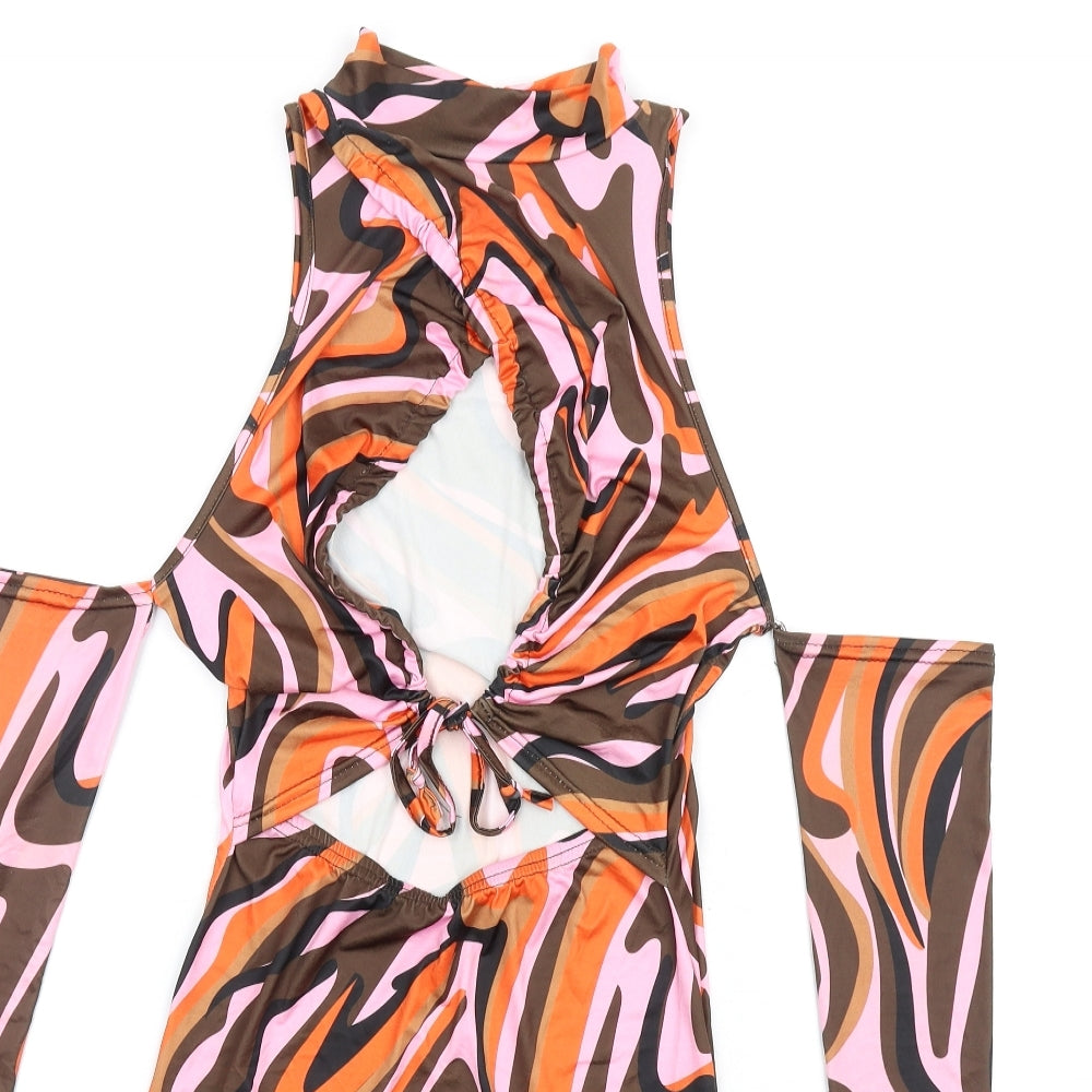 PRETTYLITTLETHING Womens Multicoloured Geometric Polyester Bodycon Size 10 Mock Neck Pullover - Cold Shoulder Cut Out