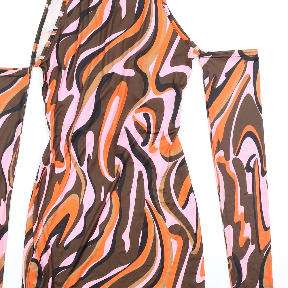 PRETTYLITTLETHING Womens Multicoloured Geometric Polyester Bodycon Size 10 Mock Neck Pullover - Cold Shoulder Cut Out