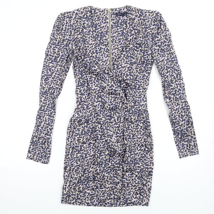 French Connection Womens Multicoloured Geometric Cotton Bodycon Size 8 V-Neck Zip