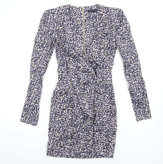 French Connection Womens Multicoloured Geometric Cotton Bodycon Size 8 V-Neck Zip