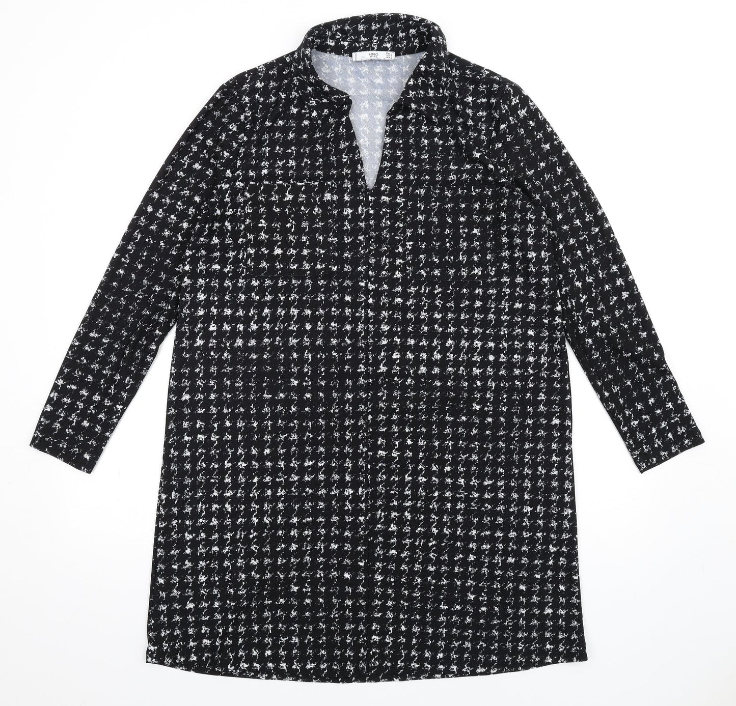 Mango Womens Black Geometric Polyester Shirt Dress Size L Collared Pullover