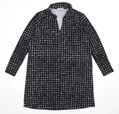 Mango Womens Black Geometric Polyester Shirt Dress Size L Collared Pullover
